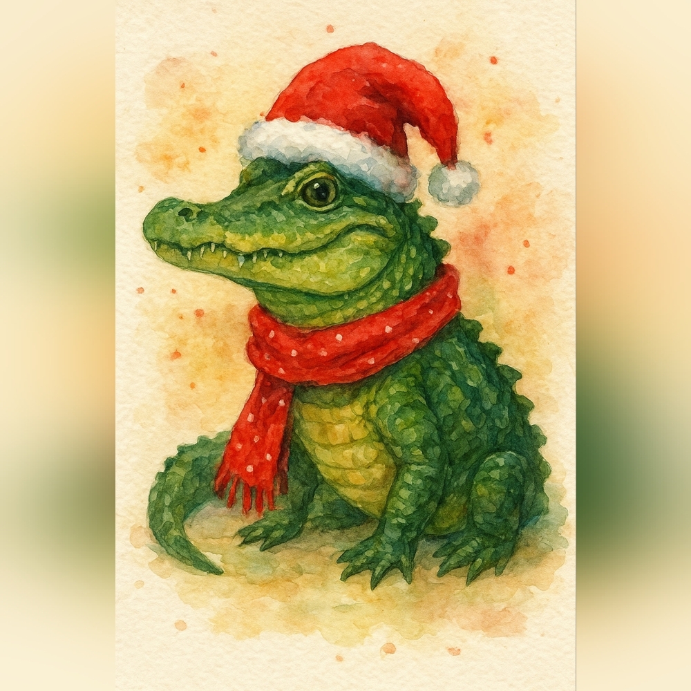 Festive Green Alligator with Red Santa Hat Art Print
